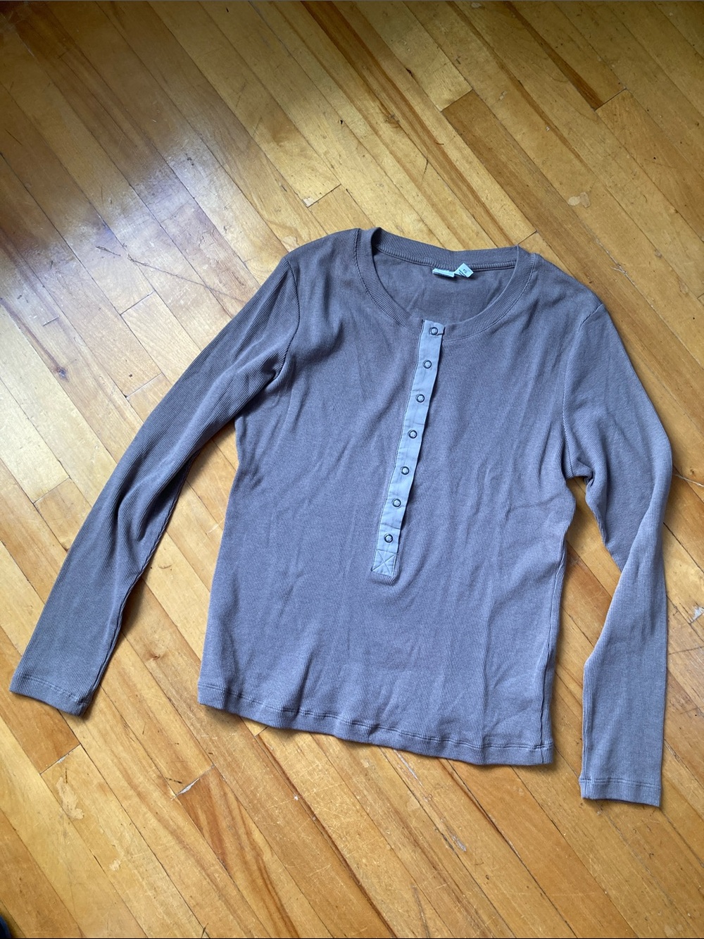 Taupe Ribbed Henley Long Sleeve Tee
